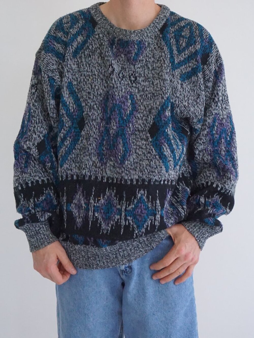 Vintage Marc Daniels Gray Blue Abstract Geometric Textured Knit Sweater Tall XLT